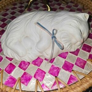White Sleeping Cat Figurine with Blue Ribbon